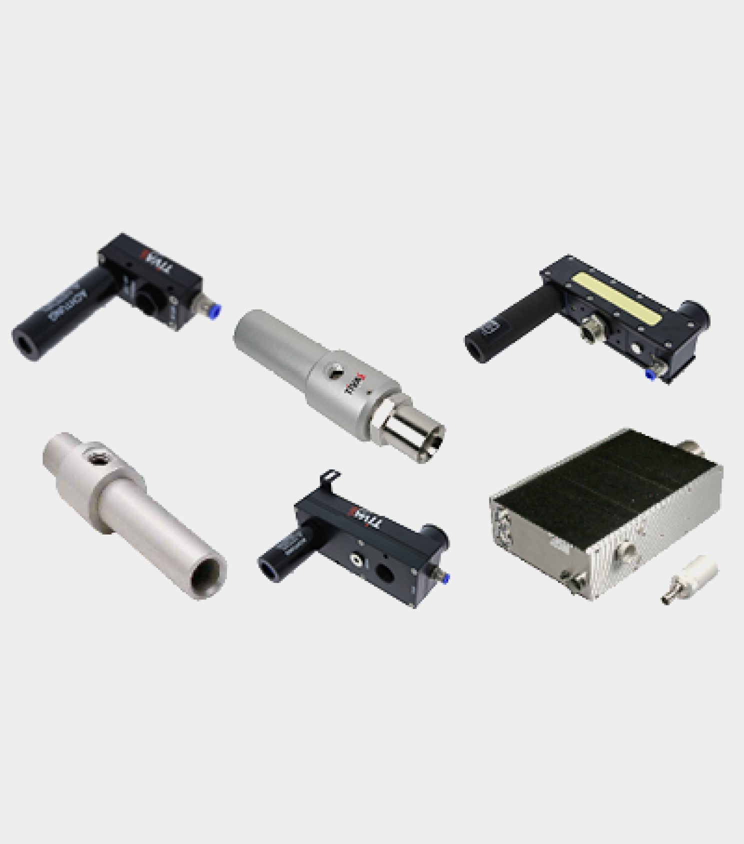 Various audio connectors and adapters arranged on a white background.