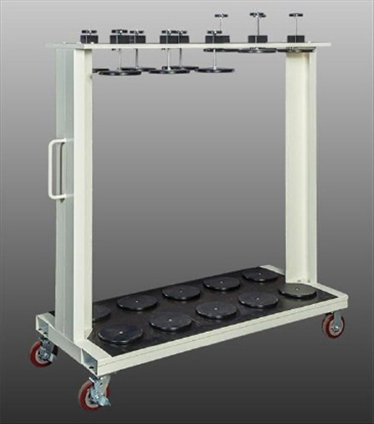 Mobile stand with eight black robotic vacuum cleaners on a gray background.