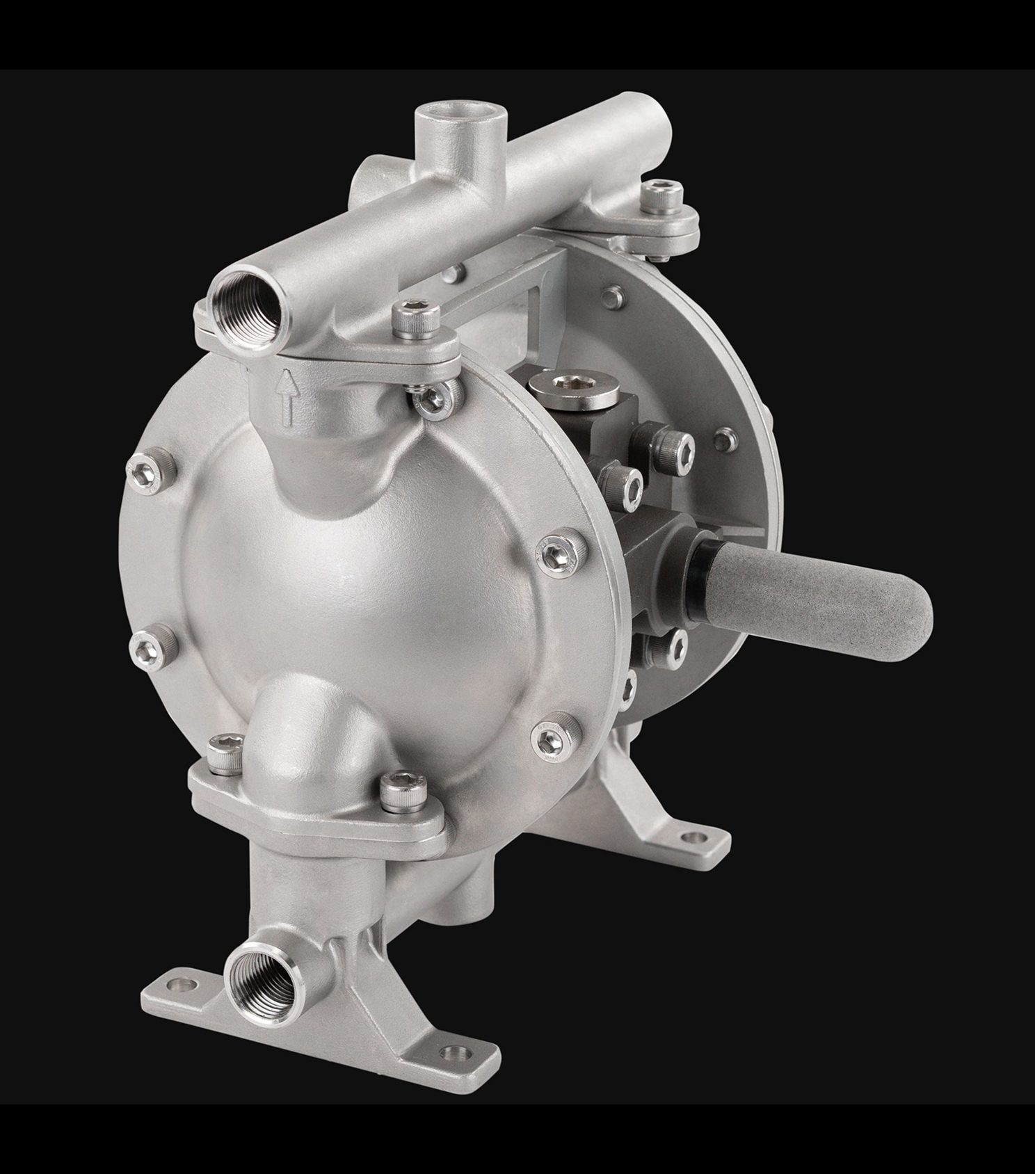 Silver industrial diaphragm pump against black background.