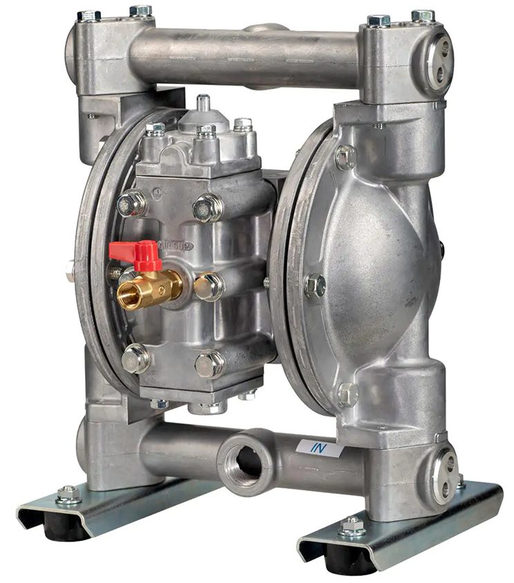Industrial pneumatic diaphragm pump with metallic body and valves.