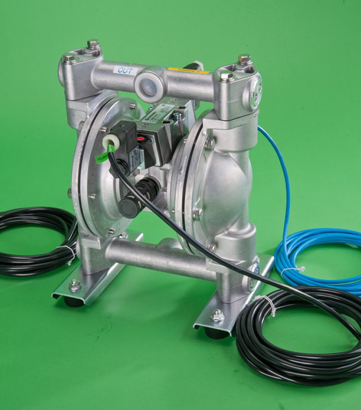 Compact industrial diaphragm pump with metal frame and multiple hoses.